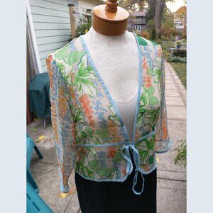 Blouse: Silk, natural/blue/orange/green, front tie. Size large - by Harari